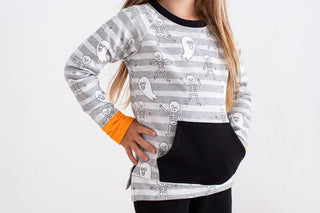 Birdie Bean Crewneck Sweatshirt - Georgie (Stripes with Ghosts and Skeleton) Glow-in-the-Dark