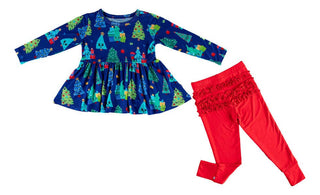 Birdie Bean Girl's Bamboo Long Sleeve Peplum Top and Pants Outfit Set - Kevin (Christmas Trees)