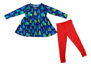 Birdie Bean Girl's Bamboo Long Sleeve Peplum Top and Pants Outfit Set - Kevin (Christmas Trees)