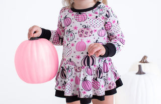 Girl's Bamboo Long Sleeve Twirl Bodysuit Dress - Quinn (Pumpkins) Birdie Bean