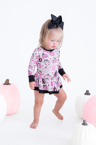 Birdie Bean Girl's Bamboo Long Sleeve Twirl Bodysuit Dress - Quinn (Pumpkins)