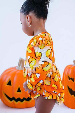 Birdie Bean Girls Long Sleeve Bubble Romper - Binx Candy Corn