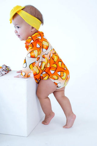 Birdie Bean Girls Long Sleeve Bubble Romper - Binx Candy Corn