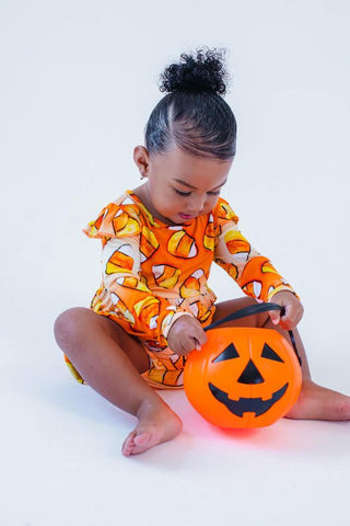 Birdie Bean Girls Long Sleeve Bubble Romper - Binx Candy Corn