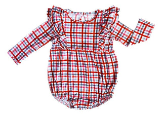 Girl's Bamboo Long Sleeve Bubble Romper - Red Gingham (Rowan) Baby One-Pieces