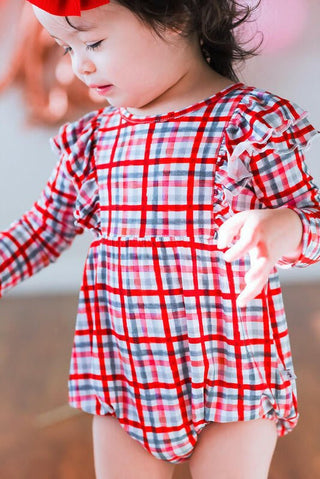 Girl's Bamboo Long Sleeve Bubble Romper - Red Gingham (Rowan) Baby One-Pieces