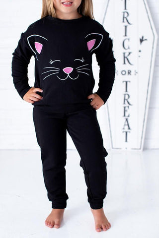 Birdie Bean Girl's Long Sleeve Crewneck Sweatshirt and Pants Outfit Set - Black Cat