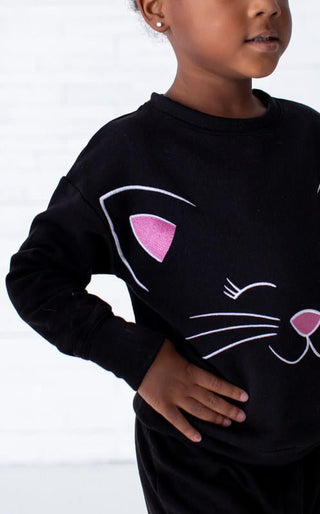 Birdie Bean Girl's Long Sleeve Crewneck Sweatshirt and Pants Outfit Set - Black Cat