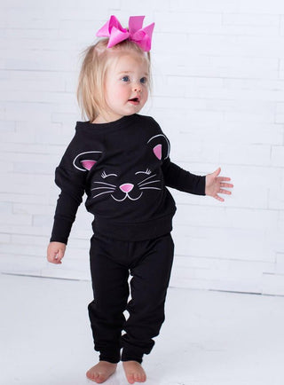 Girl's Bamboo Long Sleeve Crewneck Sweatshirt and Pants Outfit Set - Black Cat Baby & Toddler Outfits