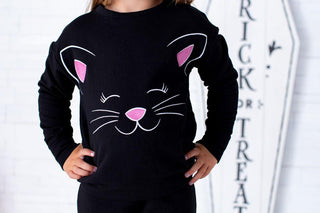 Girl's Bamboo Long Sleeve Crewneck Sweatshirt and Pants Outfit Set - Black Cat Baby & Toddler Outfits