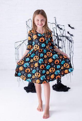 Birdie Bean Girl's Long Sleeve Dress - Dex (Jack O'Lanterns) Glow-in-the-Dark