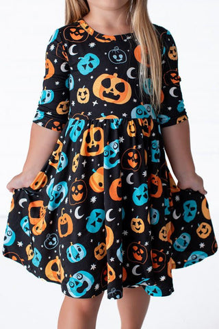 Birdie Bean Girl's Long Sleeve Dress - Dex (Jack O'Lanterns) Glow-in-the-Dark