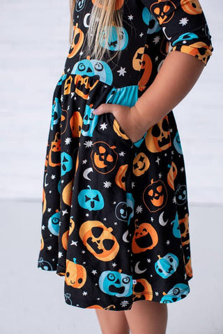 Birdie Bean Girl's Long Sleeve Dress - Dex (Jack O'Lanterns) Glow-in-the-Dark