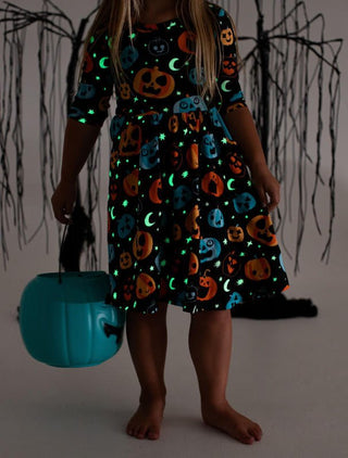 Birdie Bean Girl's Long Sleeve Dress - Dex (Jack O'Lanterns) Glow-in-the-Dark