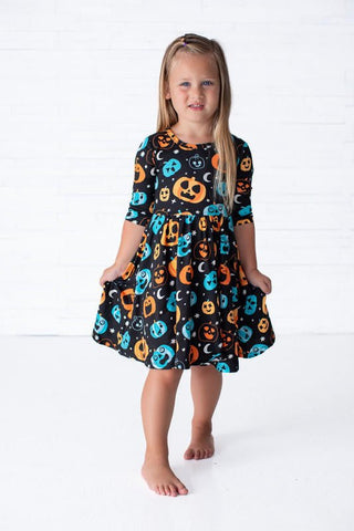 Birdie Bean Girl's Long Sleeve Dress - Dex (Jack O'Lanterns) Glow-in-the-Dark