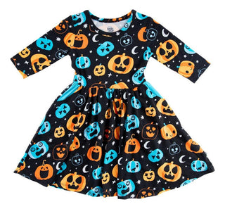 Birdie Bean Girl's Long Sleeve Dress - Dex (Jack O'Lanterns) Glow-in-the-Dark