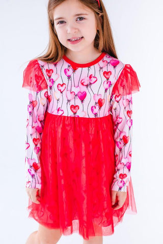 Birdie Bean Girl's Long Sleeve Tulle Dress - Amara (Heart Balloons)