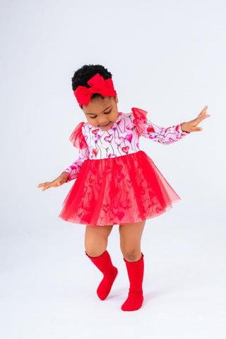 Birdie Bean Girl's Long Sleeve Tulle Twirl Bodysuit Dress - Amara (Heart Balloons)