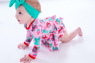 Birdie Bean Girl's Long Sleeve Twirl Bodysuit Dress - Cera (Pink Dinos)