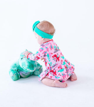 Birdie Bean Girl's Long Sleeve Twirl Bodysuit Dress - Cera (Pink Dinos)