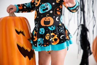 Birdie Bean Girl's Long Sleeve Twirl Bodysuit Dress - Dex (Jack O'Lanterns) Glow-in-the-Dark