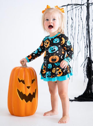 Birdie Bean Girl's Long Sleeve Twirl Bodysuit Dress - Dex (Jack O'Lanterns) Glow-in-the-Dark