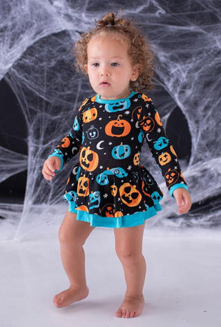 Birdie Bean Girl's Long Sleeve Twirl Bodysuit Dress - Dex (Jack O'Lanterns) Glow-in-the-Dark