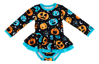 Birdie Bean Girl's Long Sleeve Twirl Bodysuit Dress - Dex (Jack O'Lanterns) Glow-in-the-Dark