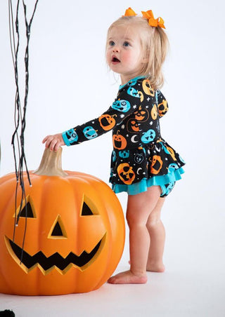 Birdie Bean Girl's Long Sleeve Twirl Bodysuit Dress - Dex (Jack O'Lanterns) Glow-in-the-Dark