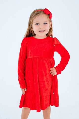 Birdie Bean Girls Long Sleeve Velvet Dress - Red