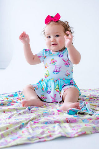 Birdie Bean Girl's Short Sleeve Twirl Bodysuit Dress - Elijah (Chick & Bunny Eggs)