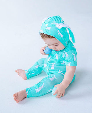 Bamboo Hooded Zipper Romper - Simon (Bunny On Mint) Baby One-Pieces