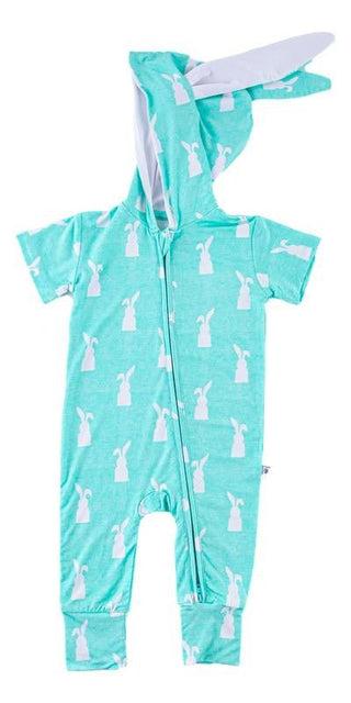 Bamboo Hooded Zipper Romper - Simon (Bunny On Mint) Baby One-Pieces