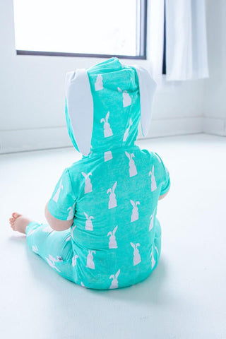 Bamboo Hooded Zipper Romper - Simon (Bunny On Mint) Baby One-Pieces