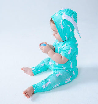 Bamboo Hooded Zipper Romper - Simon (Bunny On Mint) Baby One-Pieces