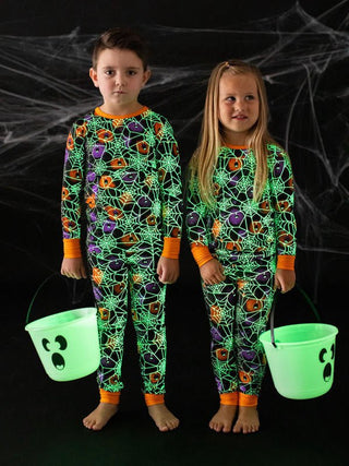 Birdie Bean Long Sleeve Pajama Set - Gomez (Spider Webs on Graffiti) Glow-in-the-Dark