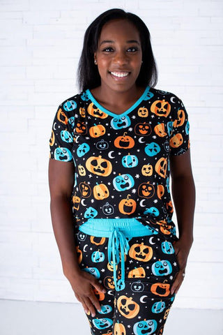 Birdie Bean Women's Short Sleeve Lounge Pajama Set - Dex (Jack O'Lanterns) Glow-in-the-Dark