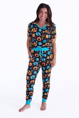 Birdie Bean Women's Short Sleeve Lounge Pajama Set - Dex (Jack O'Lanterns) Glow-in-the-Dark