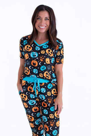 Women's Bamboo Short Sleeve Lounge Pajama Set - Dex (Jack O'Lanterns) Glow-in-the-Dark Pajamas