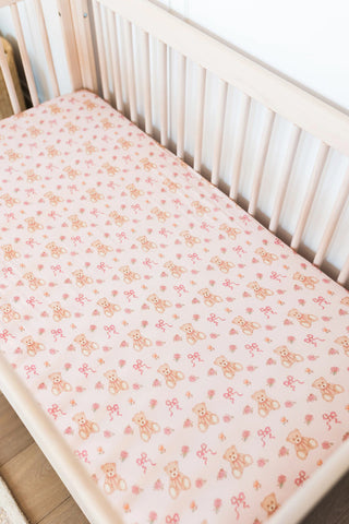 In My Jammers Crib Sheet - Teddy Bear and Bows | Baby Riddle