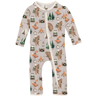 Kickee Pants Coverall with 2-Way Zipper - Latte Camping Animals | Baby Riddle