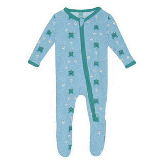 Kickee Pants Footie with 2-Way Zipper - Seaside Blue Frogs & Flies | Baby Riddle