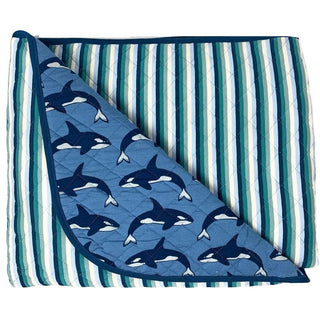 KicKee Pants Baby Boys Print Quilted Stroller Blanket, Parisian Blue Orca and Dino Stripe - One Size 15ANV