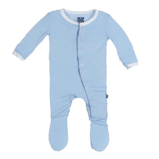 Boys Solid Bamboo Footie with Snaps, Pond w/ Natural Contrast Trim - Pond Baby & Toddler Sleepwear