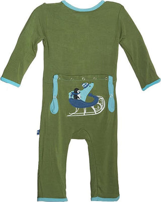 Boy's Print Bamboo Applique Coverall - Moss Sled Friends KicKee Pants