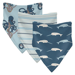 KicKee Pants Boy's Print Bamboo Bandana Bib (Set of 3) - Spring Sky Octopus Anchor, Jetsam Stripe & Deep Sea Narwhal