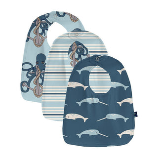 KicKee Pants Boy's Print Bamboo Bib (Set of 3) - Deep Sea Narwhal, Jetsam Stripe & Spring Sky Octopus Anchor