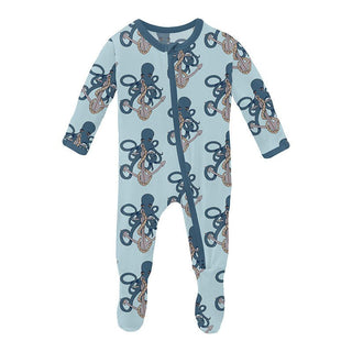 KicKee Pants Boy's Print Bamboo Footie with 2-Way Zipper - Spring Sky Octopus Anchor