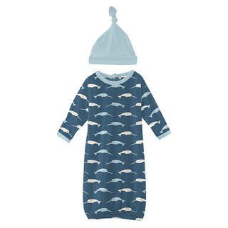 KicKee Pants Boy's Print Bamboo Layette Gown & Single Knot Hat Set - Deep Sea Narwhal