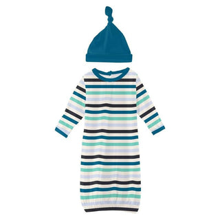 Boy's Print Bamboo Layette Gown & Single Knot Hat Set - Little Boy Blue Stripe Baby & Toddler Sleepwear